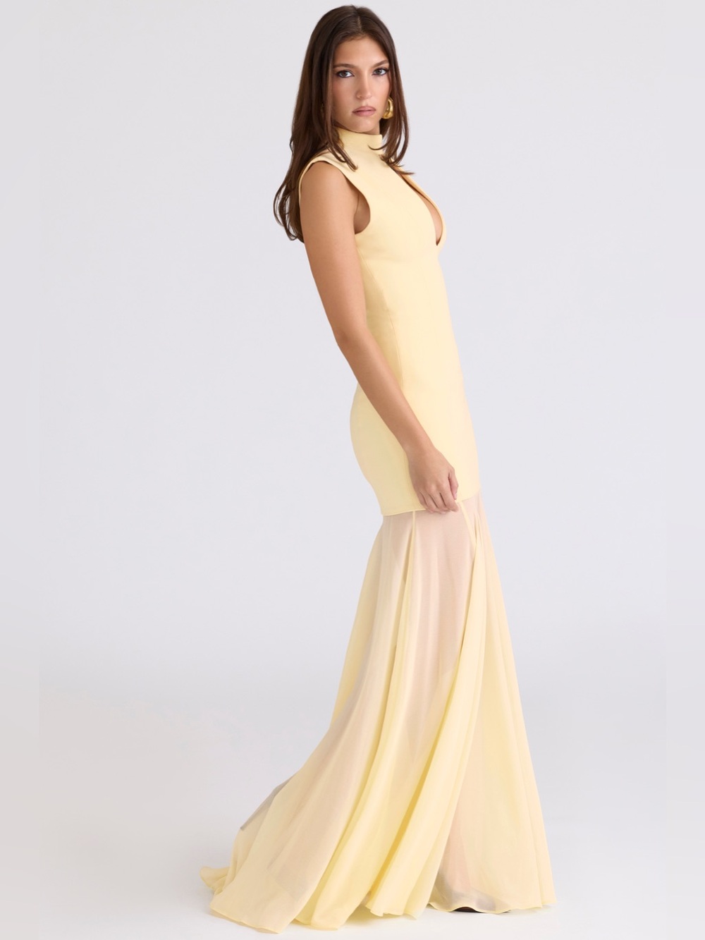 House of CB Butter Yellow Keyhole Sheer Maxi Dress Gown Size Large DL4 - Picture 5 of 14